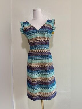 Tabitha Blue Multi-Stripe V-Neck Ruffle Sleeve Midi Dress